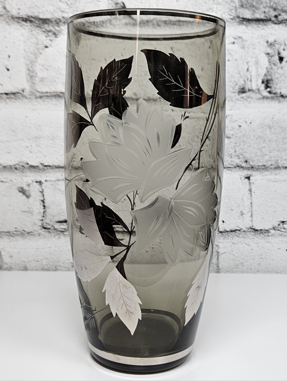 Vintage Smoked Glass Vase Etched Floral Silver Leaf Mid Century Decor
